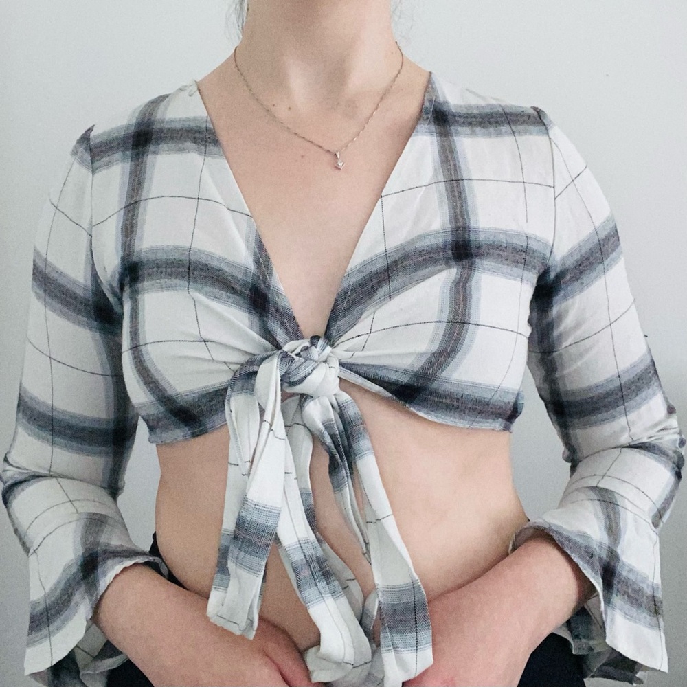 Plaid Tie-Front Crop Top - Black and White